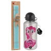 Easter Set, metallic silver aluminum water bottle (500ml) & scented flat Easter candle (30cm) (TURQUOISE)