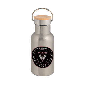 Inter Miami CF, Stainless steel metallic thermos flask, silver with a bamboo lid, double-walled, 350ml.