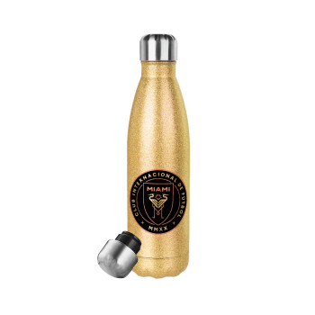 Inter Miami CF, Glitter gold stainless steel thermos bottle, double-walled, 500ml