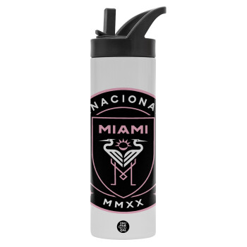 Inter Miami CF, Μεταλλικό παγούρι θερμός με καλαμάκι & χειρολαβή, ανοξείδωτο ατσάλι (Stainless steel 304), διπλού τοιχώματος, 600ml