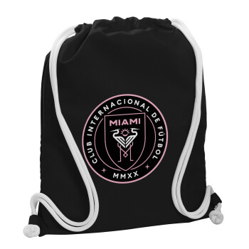 Inter Miami CF, Τσάντα πλάτης πουγκί GYMBAG Μαύρη, με τσέπη (40x48cm) & χονδρά λευκά κορδόνια