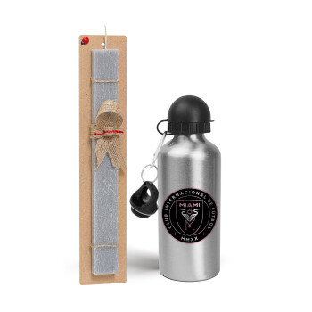 Inter Miami CF, Easter Set, metallic silver aluminum water bottle (500ml) & aromatic flat Easter candle (30cm) (GRAY)