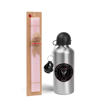 Inter Miami CF, Easter Set, metallic Silver aluminum water bottle (500ml) & scented flat Easter candle (30cm) (PINK)