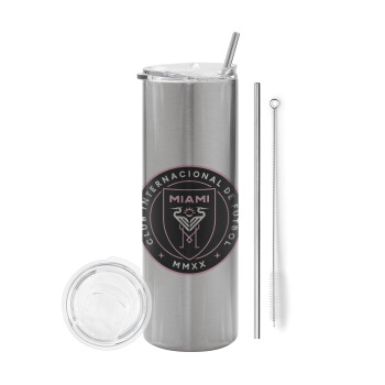 Inter Miami CF, Eco friendly stainless steel Silver tumbler 600ml, with metal straw & cleaning brush