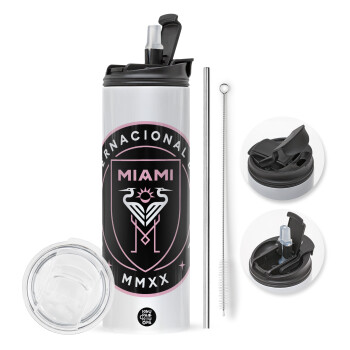 Ίντερ Μαϊάμι (Inter Miami CF), Travel Tumbler θερμό με διπλό καπάκι, μεταλλικό καλαμάκι και βούρτσα καθαρισμού (Ανωξείδωτο 304 Food grade, BPA free, 600ml)