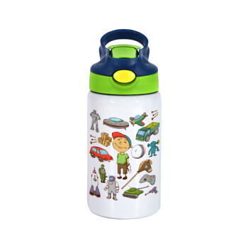 Toys Boy, Children's hot water bottle, stainless steel, with safety straw, green, blue (350ml)