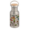 Stainless steel metallic thermos flask, silver with a bamboo lid, double-walled, 350ml.