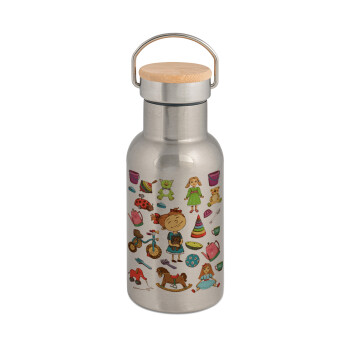 Toys Girl, Stainless steel metallic thermos flask, silver with a bamboo lid, double-walled, 350ml.