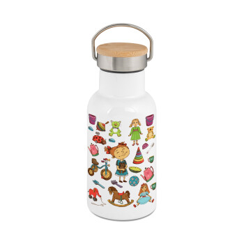 Toys Girl, Metallic thermos (Stainless steel) White with wooden lid (bamboo), double-walled, 350ml