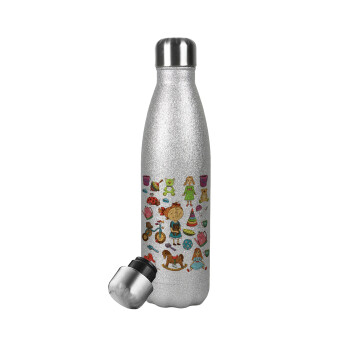 Toys Girl, Μεταλλικό παγούρι θερμός Glitter Aσημένιο (Stainless steel), διπλού τοιχώματος, 500ml