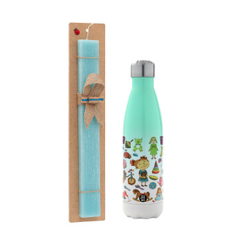 Toys Girl, Easter Set, Metallic green/white thermos (Stainless steel), double-walled, 500ml & scented flat Easter candle (30cm) (TURQUOISE)