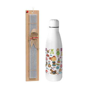 Toys Girl, Easter Set, metallic stainless thermos bottle (500ml) & scented flat Easter candle (30cm) (GRAY)