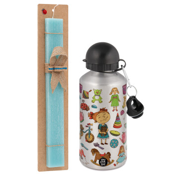 Toys Girl, Easter Set, metallic silver aluminum water bottle (500ml) & scented flat Easter candle (30cm) (TURQUOISE)