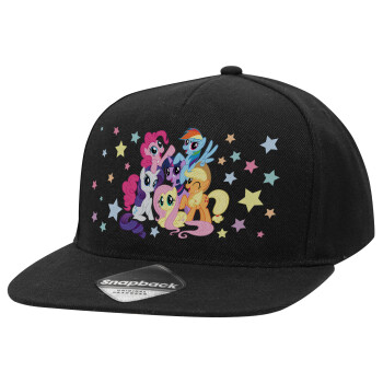 My Little Pony, Adult Flat Snapback Hat Black, (100% COTTON TWILL, ADULT, UNISEX, ONE SIZE)