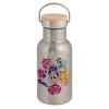 Stainless steel metallic thermos flask, silver with a bamboo lid, double-walled, 350ml.