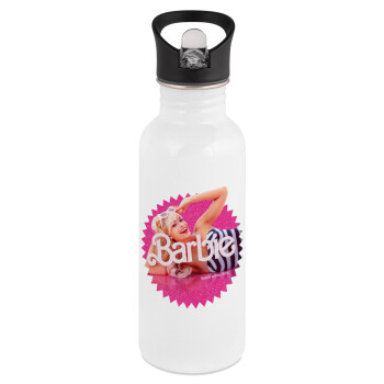 Barbie is everything, White water bottle with straw, stainless steel 600ml