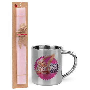 Barbie is everything, Easter Set, metallic thermal cup (300ml) & aromatic flat Easter candle (30cm) (PINK)