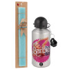 Easter Set, metallic silver aluminum water bottle (500ml) & scented flat Easter candle (30cm) (TURQUOISE)