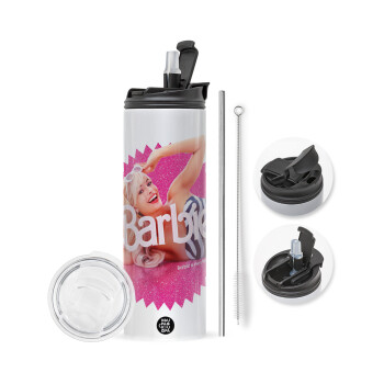 Barbie is everything, Travel Tumbler 2 Lids, with metal straw & cleaning brush (Stainless steel 304 Food grade, BPA free, 600ml)