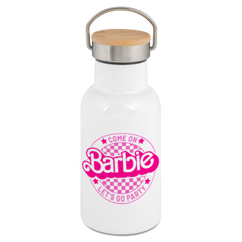 Come On Barbie Lets Go Party , Μεταλλικό παγούρι θερμός (Stainless steel) Λευκό με ξύλινο καπακι (bamboo), διπλού τοιχώματος, 350ml