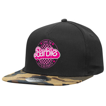 Come On Barbie Lets Go Party , Adult Flat Snapback Hat Black/Camouflage, (100% COTTON TWILL, ADULT, UNISEX, ONE SIZE)