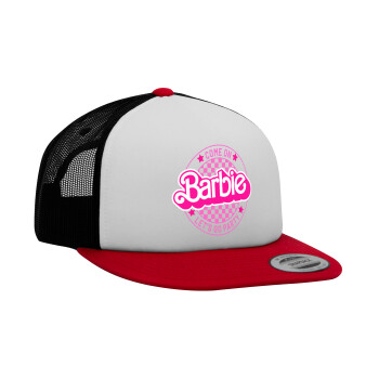 Come On Barbie Lets Go Party , Adult Foam Flat Snapback with Mesh Red-White-Black (POLYESTER, ADULT, UNISEX, ONE SIZE)