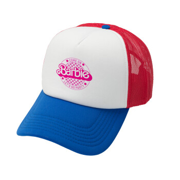 Come On Barbie Lets Go Party , Adult Soft Trucker Hat with Red/Blue/White Mesh (POLYESTER, ADULT, UNISEX, ONE SIZE)