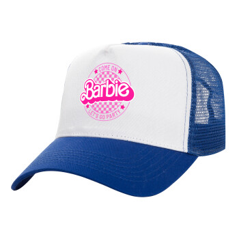 Come On Barbie Lets Go Party , Adult Structured Trucker Hat, with Mesh, WHITE/BLUE (100% COTTON, ADULT, UNISEX, ONE SIZE)