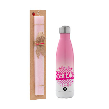 Come On Barbie Lets Go Party , Easter Set, Metallic pink/white (Stainless steel) thermos, double-walled, 500ml & aromatic flat Easter candle (30cm) (PINK)