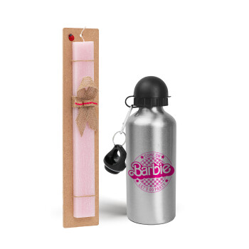 Come On Barbie Lets Go Party , Easter Set, metallic Silver aluminum water bottle (500ml) & scented flat Easter candle (30cm) (PINK)