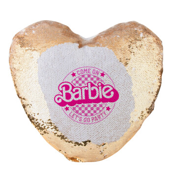 Come On Barbie Lets Go Party , Μαξιλάρι καναπέ καρδιά Μαγικό Χρυσό με πούλιες 40x40cm περιέχεται το  γέμισμα