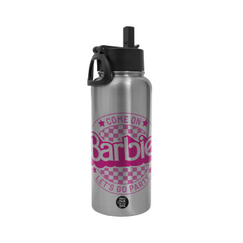 Come On Barbie Lets Go Party , Metal mug thermo Silver with Straw and Spout Lid (Stainless steel), double wall, 950ml