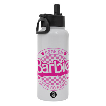 Come On Barbie Lets Go Party , Metal mug thermo White with Straw and Spout Lid (Stainless steel), double wall, 950ml