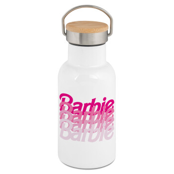 Barbie repeat, Μεταλλικό παγούρι θερμός (Stainless steel) Λευκό με ξύλινο καπακι (bamboo), διπλού τοιχώματος, 350ml