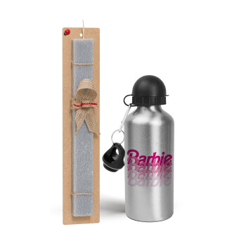 Barbie repeat, Easter Set, metallic silver aluminum water bottle (500ml) & aromatic flat Easter candle (30cm) (GRAY)