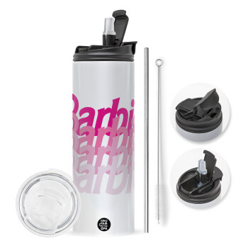 Barbie repeat, Travel Tumbler 2 Lids, with metal straw & cleaning brush (Stainless steel 304 Food grade, BPA free, 600ml)