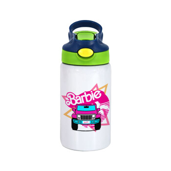 Barbie car, Children's hot water bottle, stainless steel, with safety straw, green, blue (350ml)