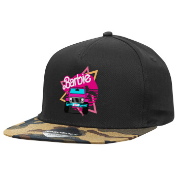 Barbie car, Adult Flat Snapback Hat Black/Camouflage, (100% COTTON TWILL, ADULT, UNISEX, ONE SIZE)