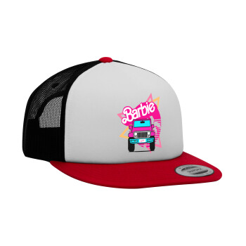 Barbie car, Adult Foam Flat Snapback with Mesh Red-White-Black (POLYESTER, ADULT, UNISEX, ONE SIZE)