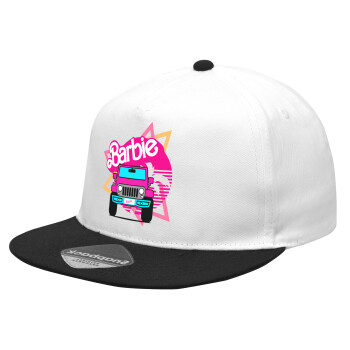 Barbie car, Καπέλο Ενηλίκων Flat Snapback Λευκό/Μαύρο, (100% ΒΑΜΒΑΚΕΡΟ Twill, ΕΝΗΛΙΚΩΝ, UNISEX, ONE SIZE)