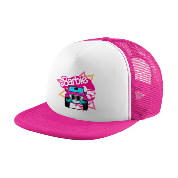 Barbie car, Adult Soft Trucker Hat with Pink/White Mesh (POLYESTER, ADULT, UNISEX, ONE SIZE)