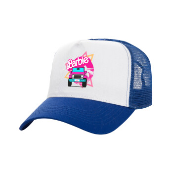 Barbie car, Adult Structured Trucker Hat, with Mesh, WHITE/BLUE (100% COTTON, ADULT, UNISEX, ONE SIZE)