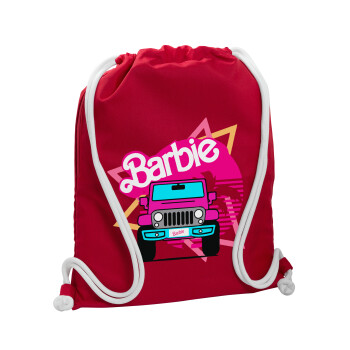 Barbie car, Backpack pouch GYMBAG Red, with pocket (40x48cm) & thick cords