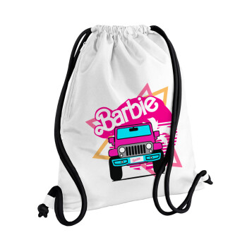 Barbie car, Τσάντα πλάτης πουγκί GYMBAG λευκή, με τσέπη (40x48cm) & χονδρά κορδόνια