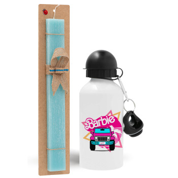 Barbie car, Easter Set, metallic aluminum water bottle (500ml) & scented flat candle (30cm) (TURQUOISE)