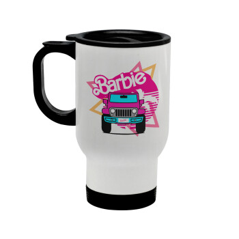 Barbie car, Stainless steel travel mug with lid, double wall white 450ml