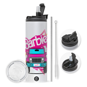 Barbie car, Travel Tumbler θερμό με διπλό καπάκι, μεταλλικό καλαμάκι και βούρτσα καθαρισμού (Ανωξείδωτο 304 Food grade, BPA free, 600ml)