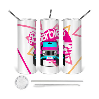 Barbie car, 360 Eco friendly ποτήρι θερμό (tumbler) από ανοξείδωτο ατσάλι 600ml, με μεταλλικό καλαμάκι & βούρτσα καθαρισμού