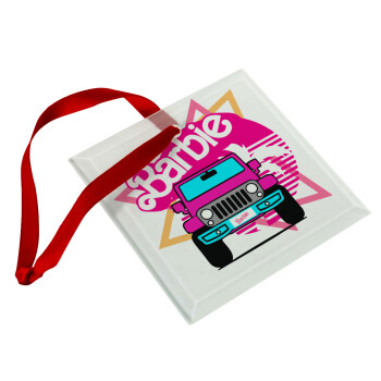 Barbie car, Christmas ornament, glass square ornament 9x9cm