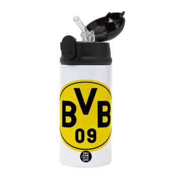 BVB Dortmund, Children's hot water bottle, stainless steel, with safety straw, Black (360ml) BPA-FREE